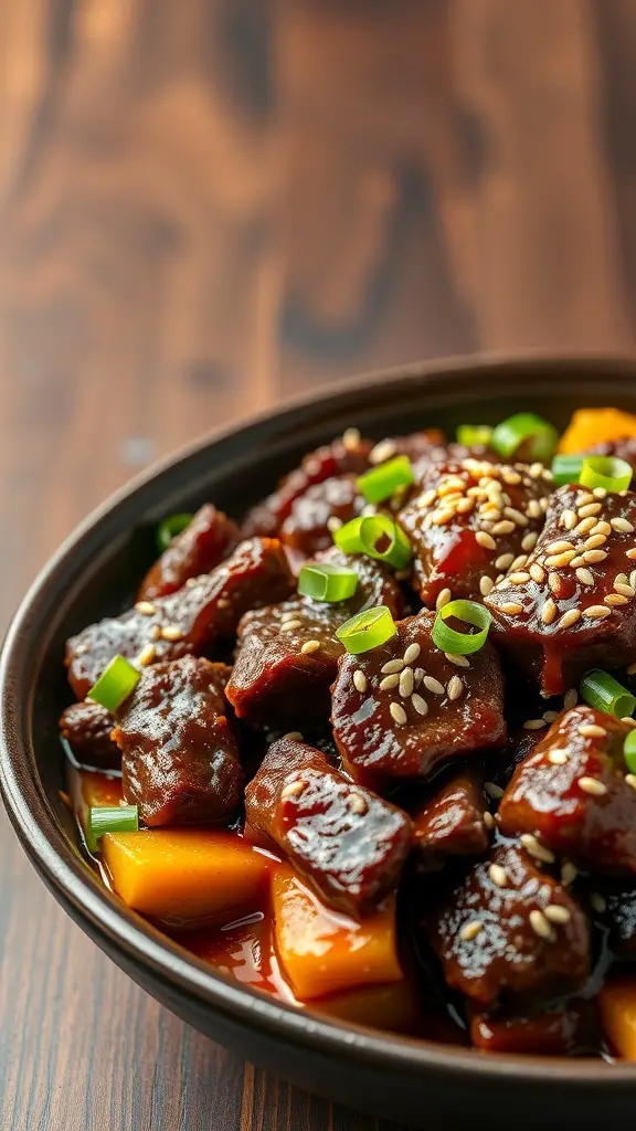 A bowl of teriyaki beef casserole with green onions and sesame seeds on top.