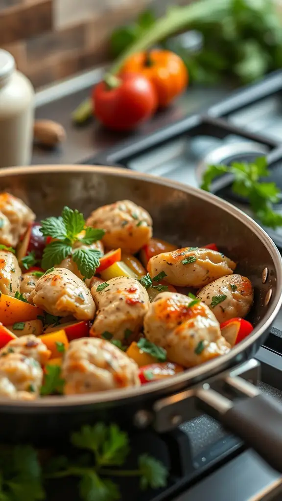 A skillet filled with chicken and colorful vegetables, garnished with parsley.