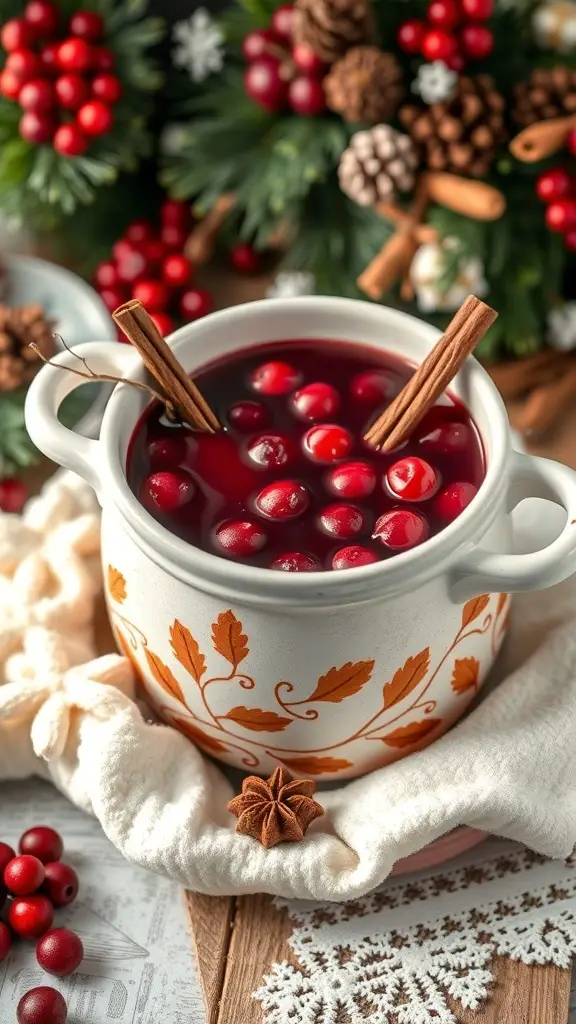 A cozy pot of mulled cranberry punch with cranberries and spices