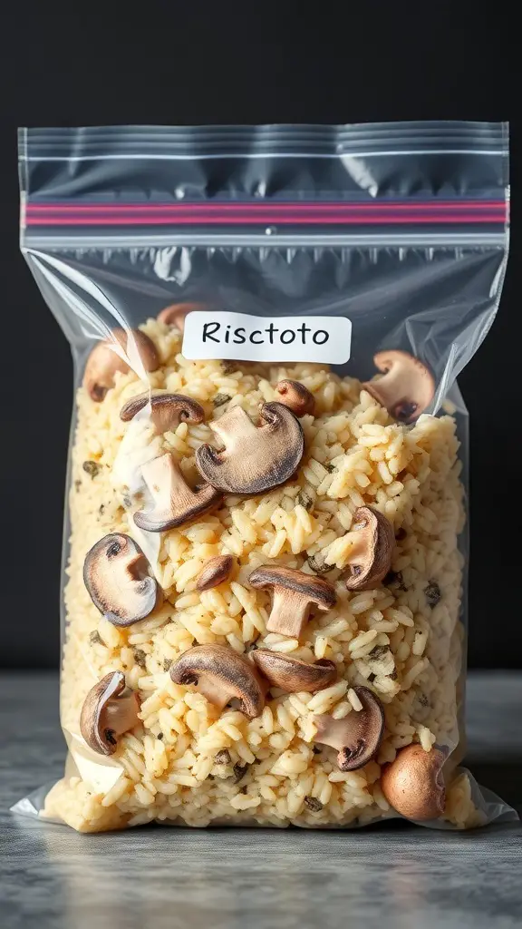 A freezer bag filled with creamy mushroom risotto, labeled 'Risctoto'.