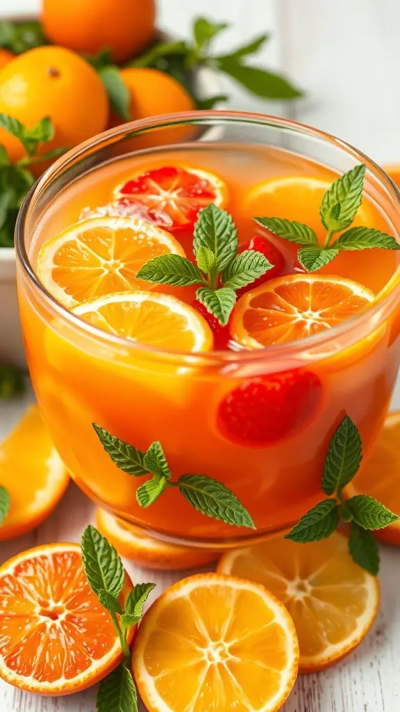 A bowl of vibrant citrus punch with orange and lemon slices and mint leaves