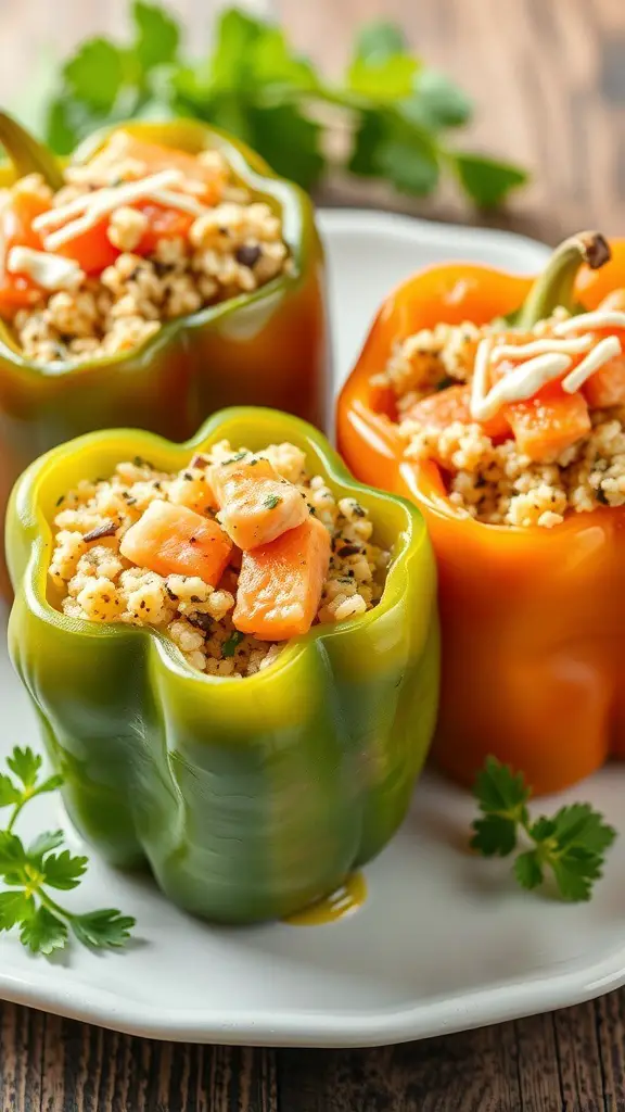 Colorful stuffed peppers filled with quinoa and salmon, garnished with fresh herbs.