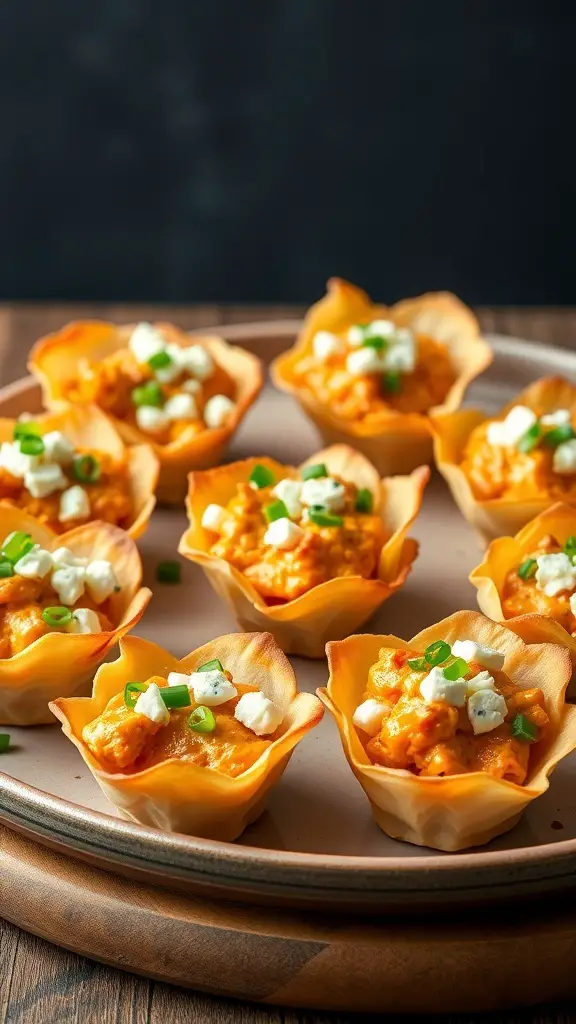 A platter of Buffalo Chicken Phyllo Cups topped with blue cheese and green onions.