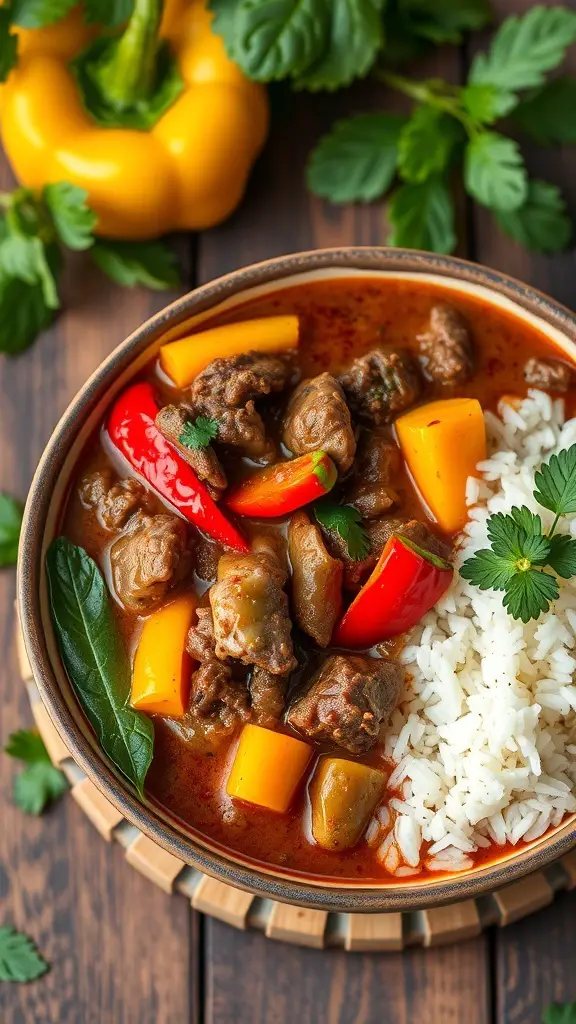 A bowl of Cuban beef stew with colorful bell peppers and rice.