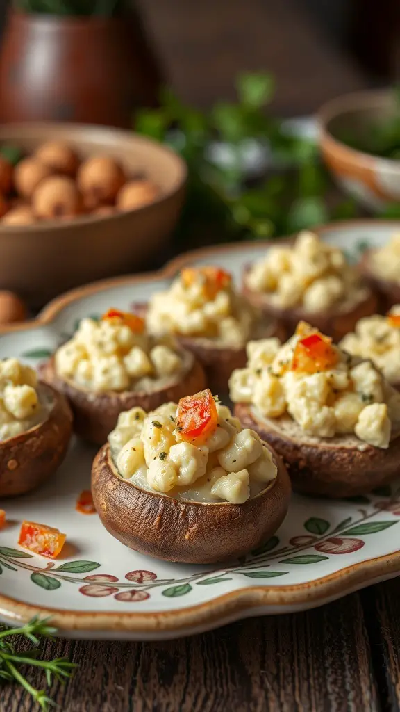 A platter of potato and cheese stuffed mushrooms topped with red pepper bits.