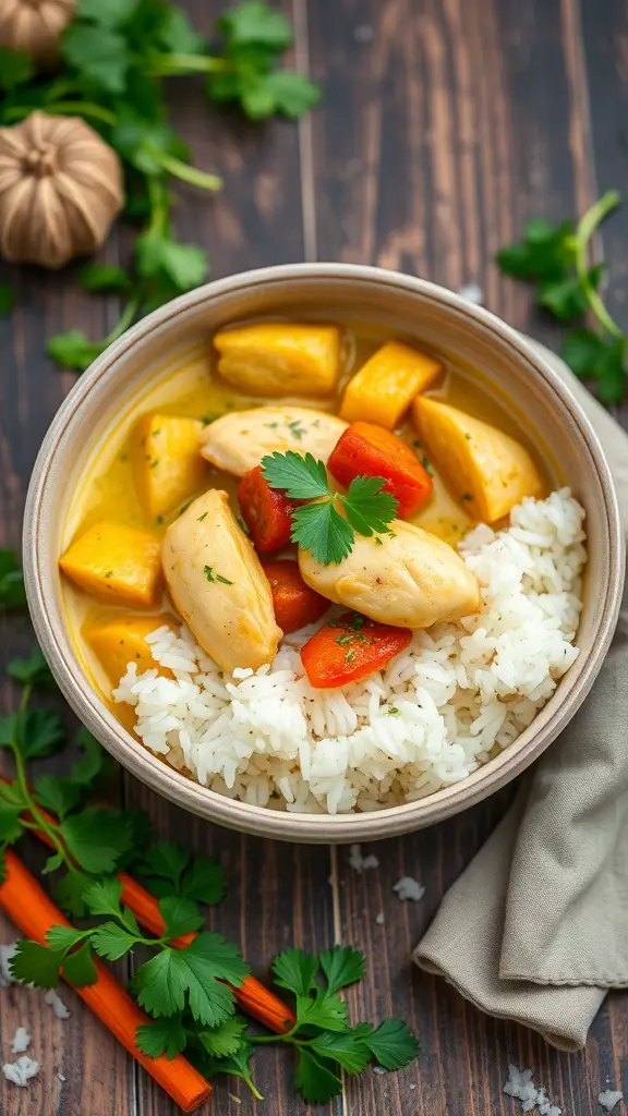 A bowl of coconut curry chicken served with rice and garnished with cilantro.