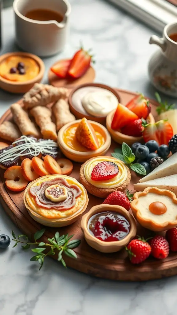 A brunch charcuterie board featuring various desserts including fruit tarts, pastries, and fresh fruits.