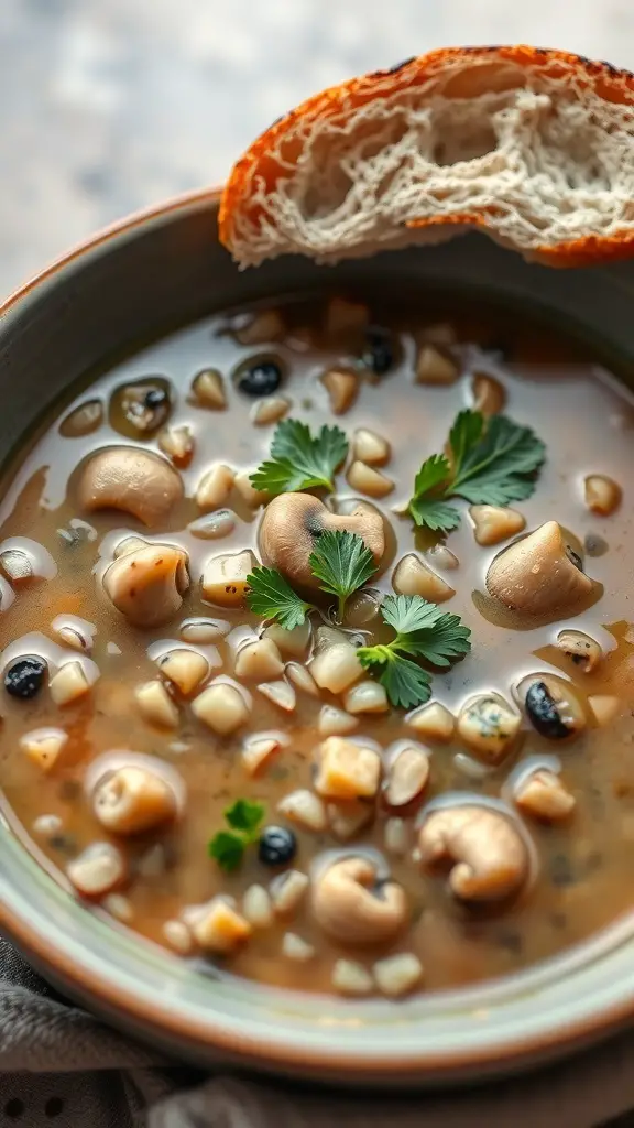 A bowl of mushroom and barley soup with a piece of bread on the side.