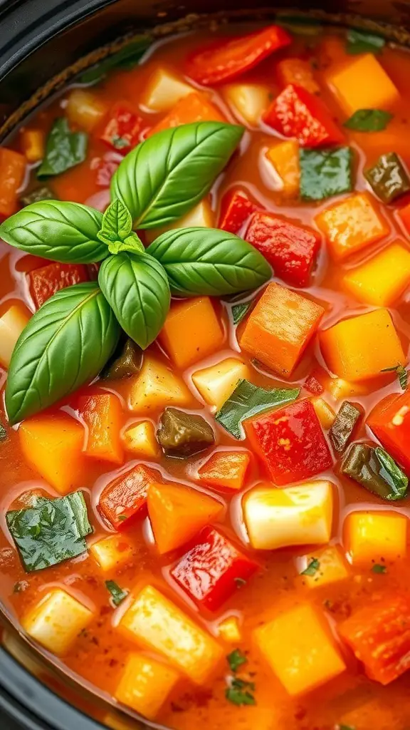 A close-up of minestrone soup with colorful diced vegetables and fresh basil on top.