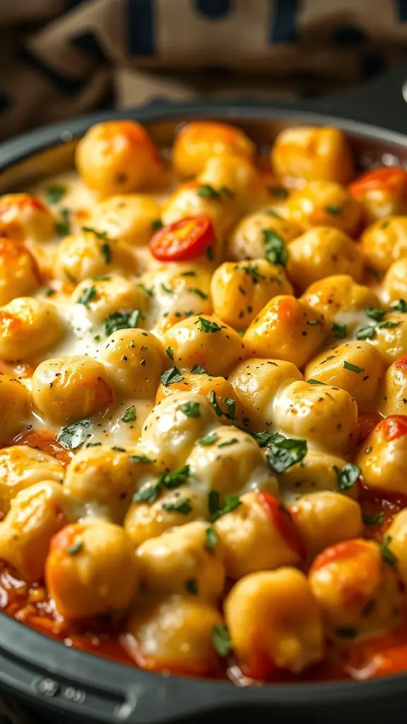 A bubbling Cheesy Gnocchi Bake with melted cheese and cherry tomatoes.