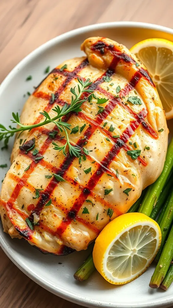 Grilled chicken breast garnished with herbs and lemon slices on a plate