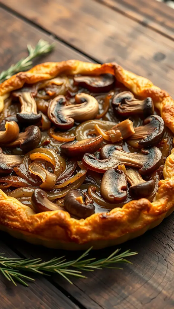 A beautifully baked caramelized onion and mushroom tart on a wooden table, garnished with rosemary.