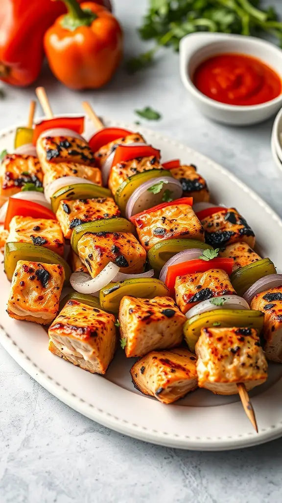 Colorful Mediterranean salmon skewers with bell peppers and onions on a platter