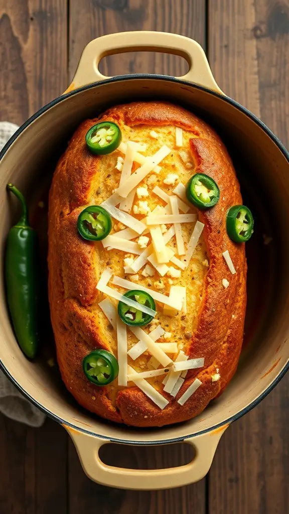 A loaf of spicy jalapeño cheddar bread in a Dutch oven, topped with jalapeño slices and cheese.