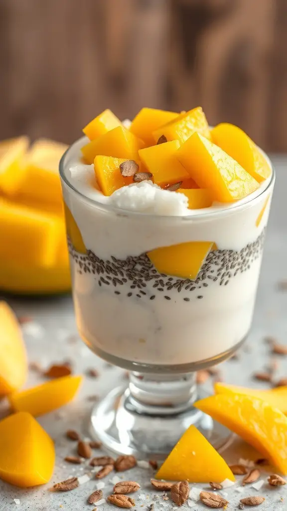 Chia seed pudding layered with coconut and topped with mango chunks in a glass