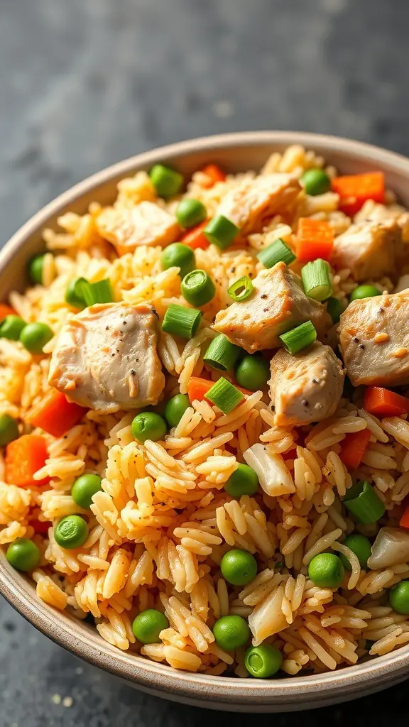 A bowl of rotisserie chicken fried rice with peas, carrots, and green onions.