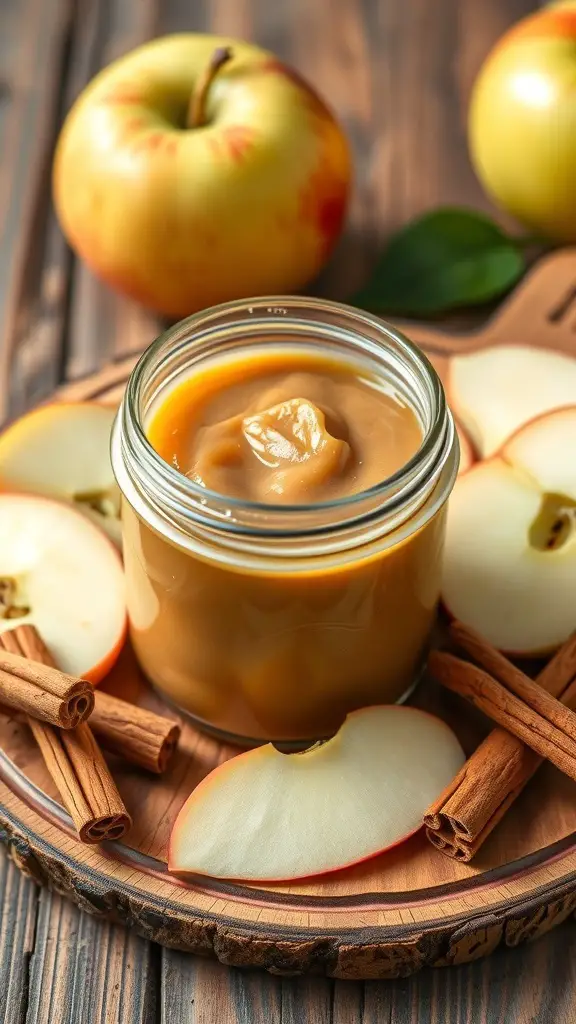 A jar of apple butter surrounded by fresh apples and cinnamon sticks on a wooden platter.