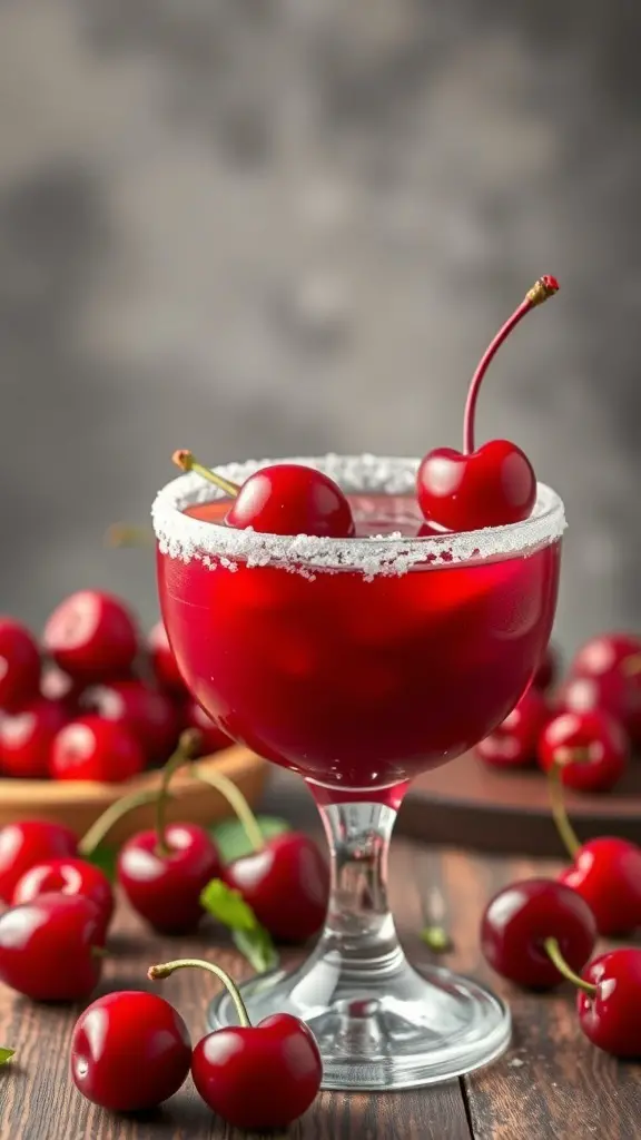 A glass of Vampire's Kiss Cherry Punch with cherries on the rim and fresh cherries around it.