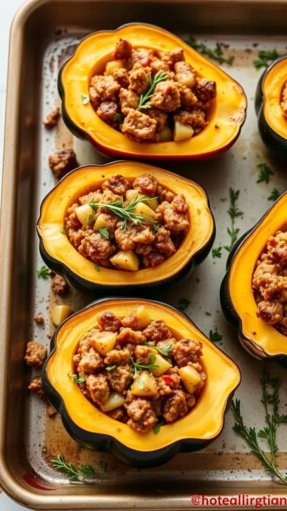 Stuffed acorn squash with savory filling on a baking sheet