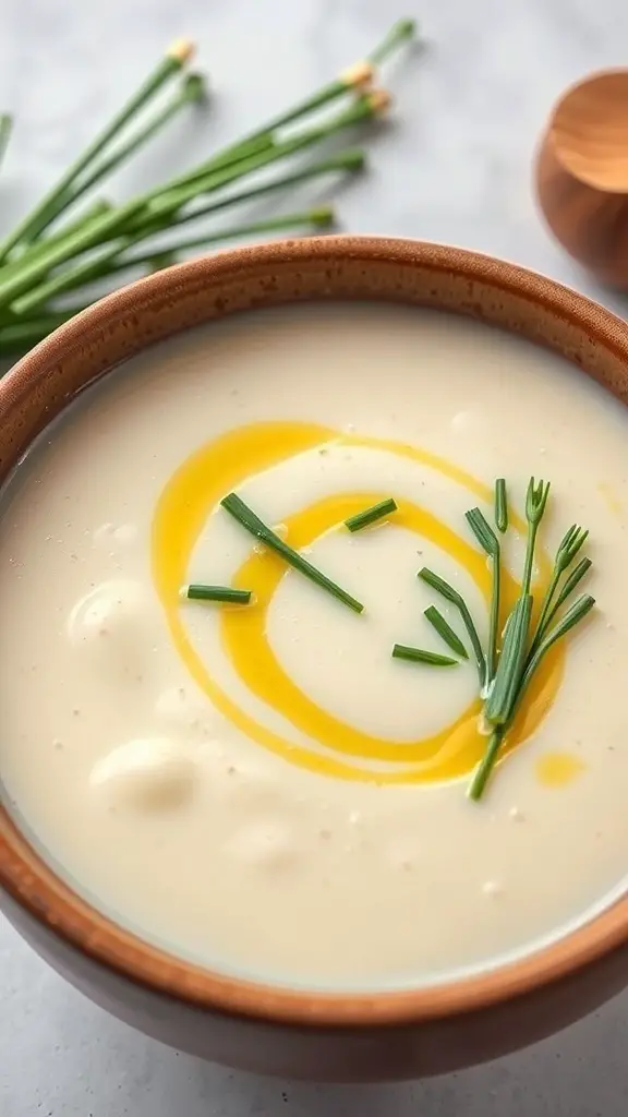 A bowl of creamy potato leek soup topped with olive oil and chives.