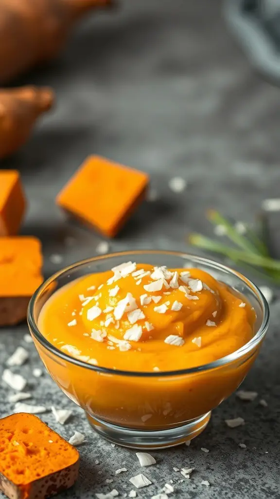A bowl of sweet potato and coconut pudding topped with shredded coconut, with sweet potatoes and orange cubes in the background.