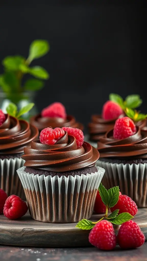 Chocolate raspberry cupcakes with chocolate frosting and fresh raspberries on top