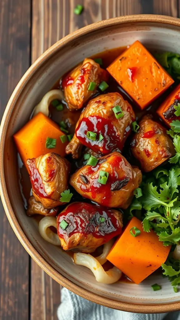 A bowl of BBQ chicken and sweet potatoes garnished with green herbs.