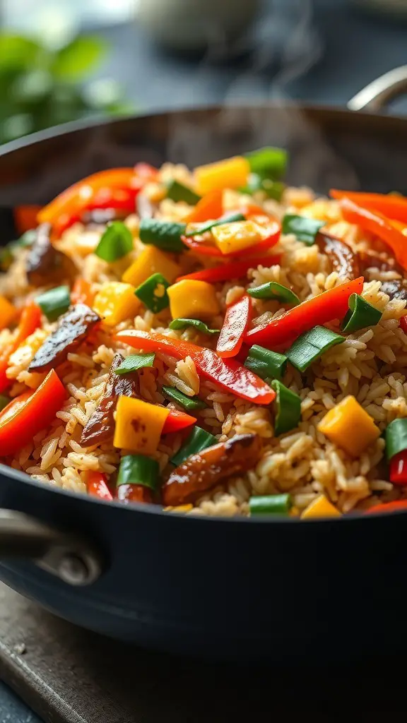 A colorful vegetable stir-fry with brown rice, featuring red bell peppers, green onions, and mango.