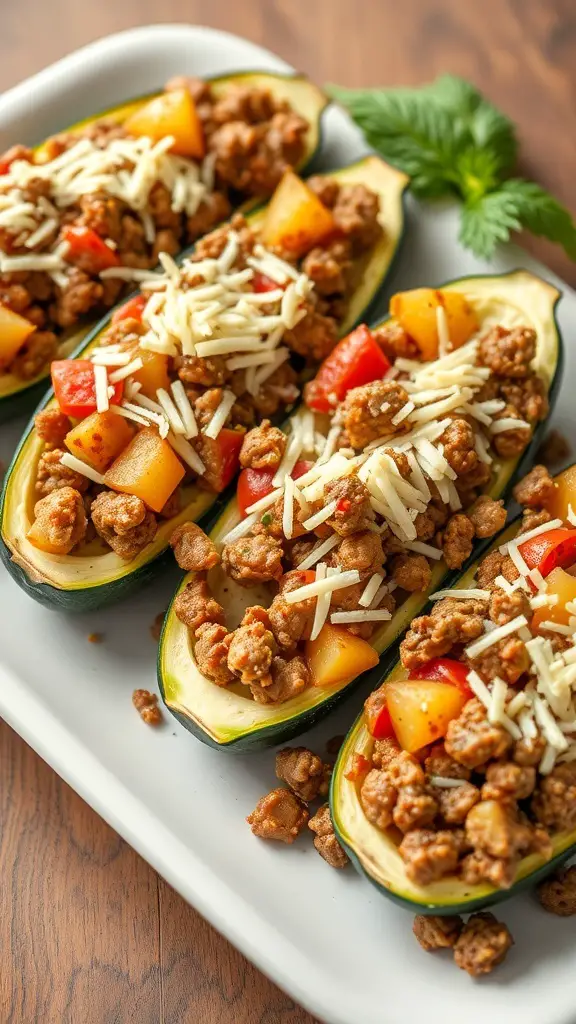 Beef and potato stuffed zucchini boats topped with cheese and colorful vegetables.