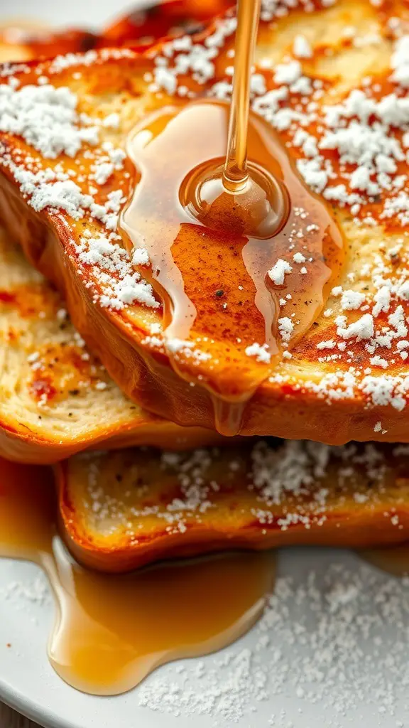 Close-up of French toast bake topped with maple syrup and powdered sugar