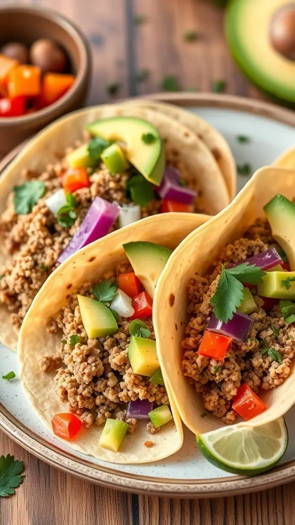 Ground turkey tacos with avocado salsa and colorful toppings on a plate.