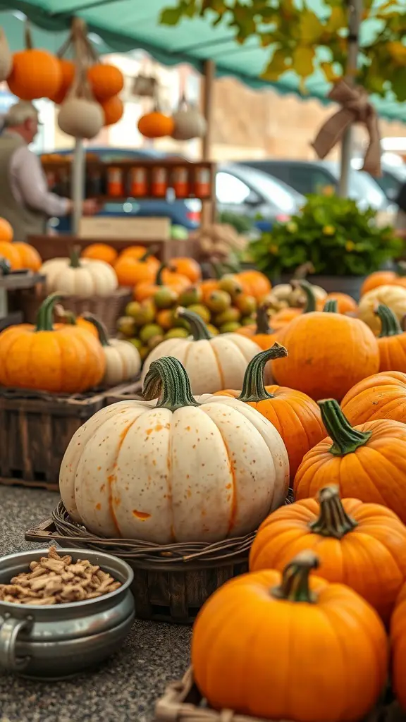 A vibrant display of pumpkins at a market, showcasing various types and colors.