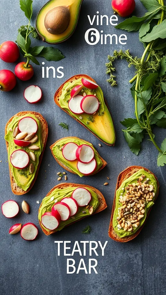 An avocado toast bar featuring various toppings like radishes, nuts, and herbs on slices of bread.