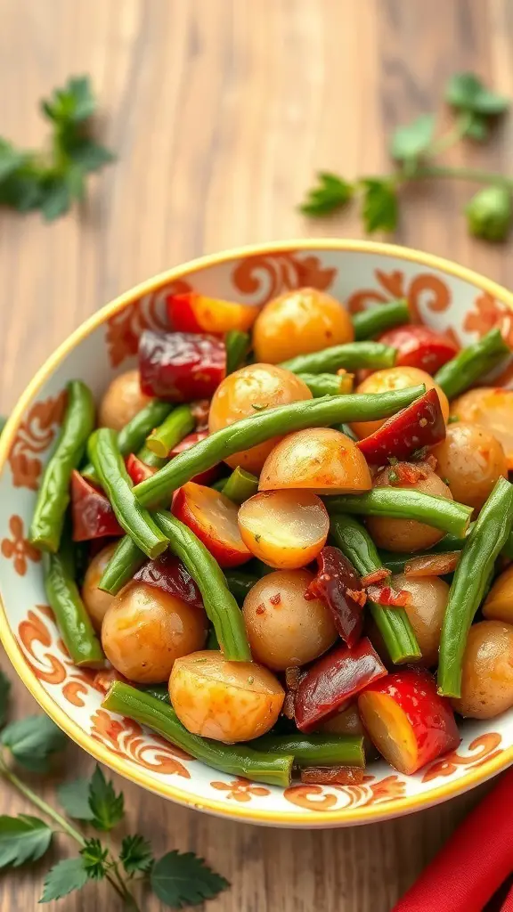 A colorful bowl of canned potato and green bean stir-fry with peppers, garnished with herbs.