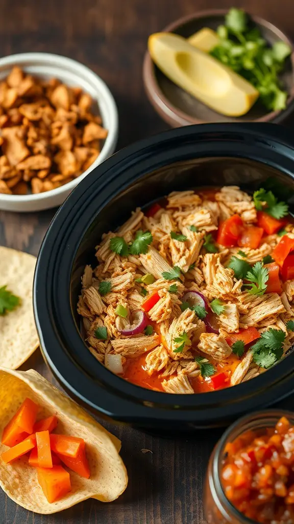 A slow cooker filled with spicy shredded chicken, fresh salsa, and taco ingredients.