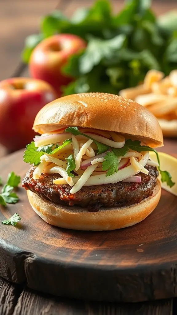 A pork burger topped with apple slaw, served on a wooden board with fresh apples in the background.
