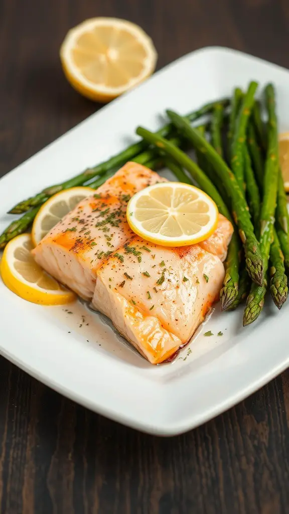 Baked salmon fillet with lemon slices and asparagus on a white plate