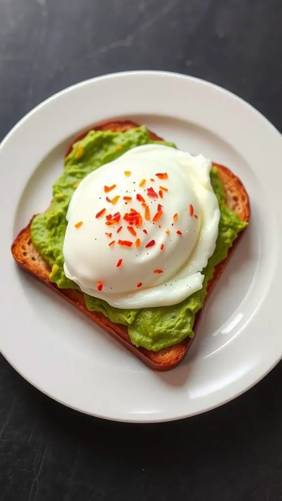 A slice of toast topped with mashed avocado and a poached egg, garnished with red pepper flakes.