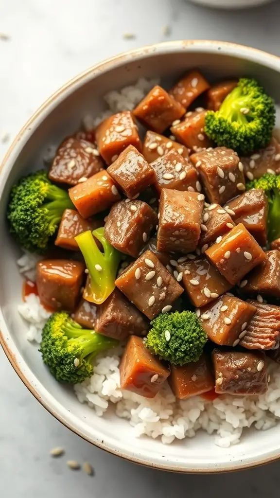 A bowl of slow-cooked beef and broccoli served over rice, garnished with sesame seeds.