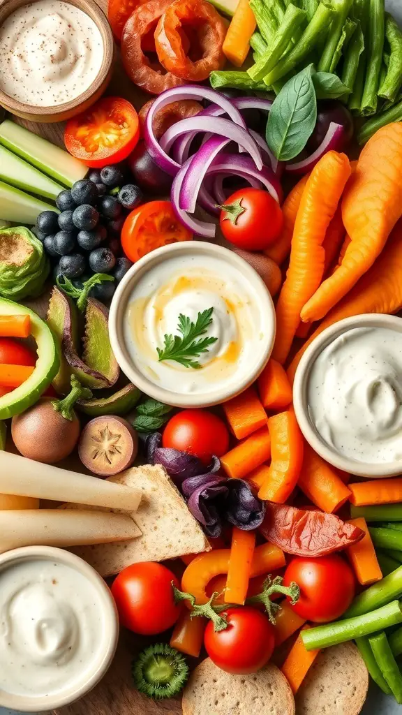 A colorful array of vegetables including carrots, celery, tomatoes, and dips on a charcuterie board.