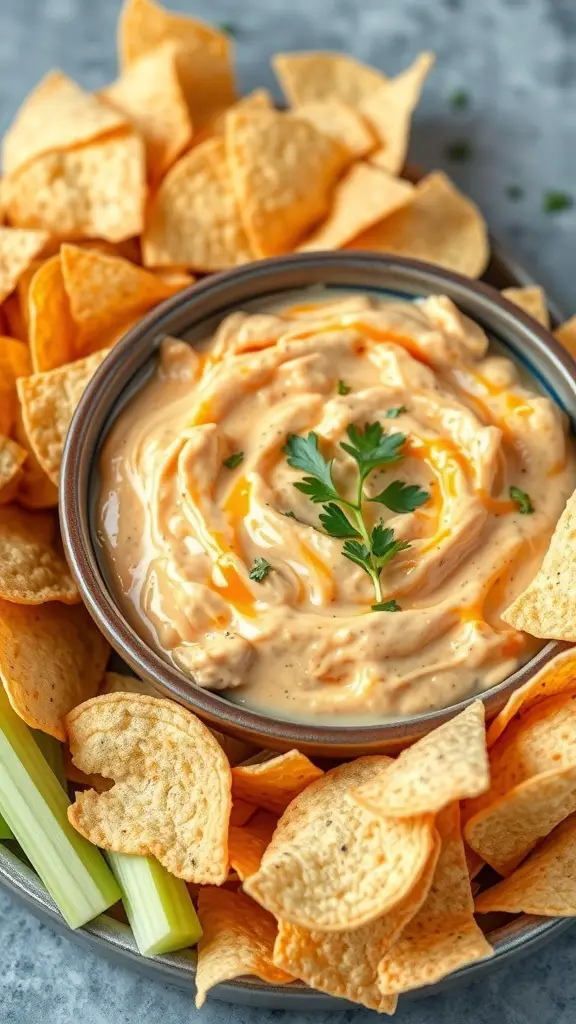 A bowl of creamy Buffalo Chicken Dip surrounded by tortilla chips and celery sticks.