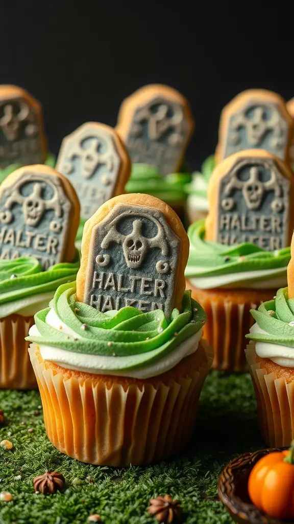 Graveyard cupcakes with green frosting and tombstone cookies on top