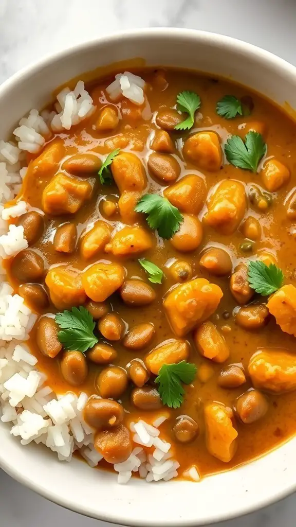 A bowl of creamy lentil curry with coconut milk served over rice, garnished with fresh cilantro.