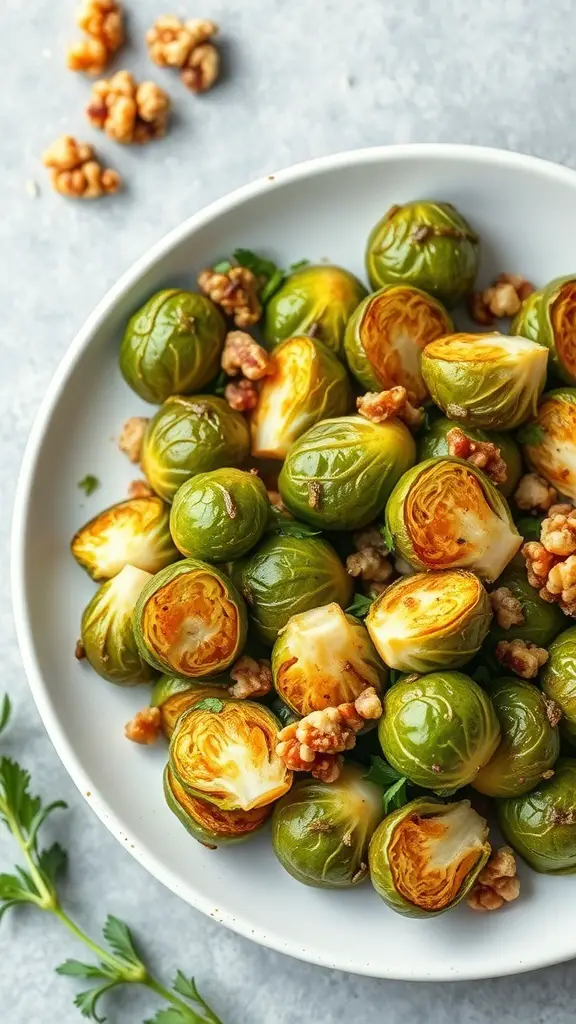 A plate of roasted Brussels sprouts with a maple glaze and walnuts, garnished with fresh herbs.