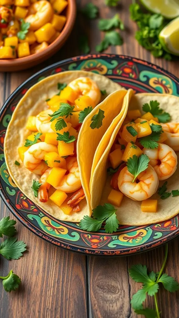Shrimp tacos with mango salsa on a colorful plate