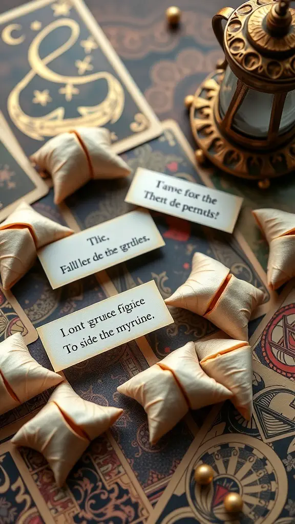 A collection of fortune cookies with mystical messages on a decorative background.