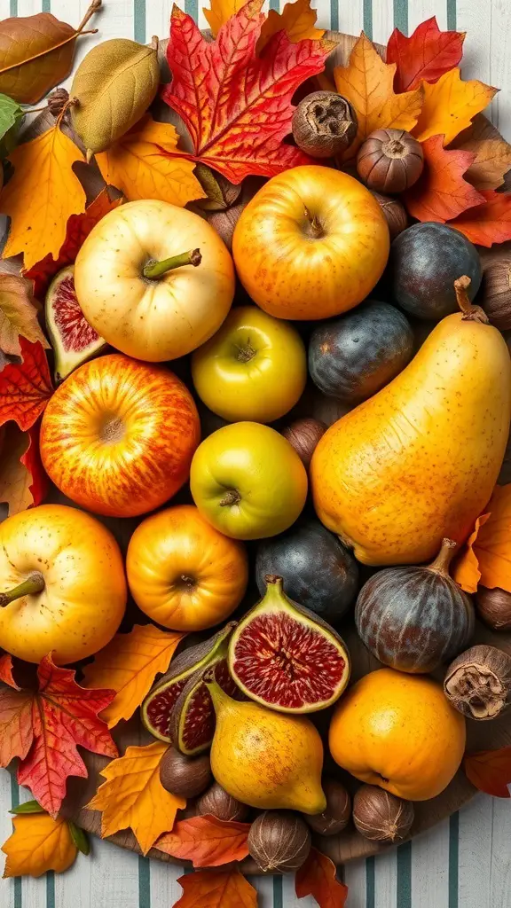 An autumn harvest board featuring various fruits and colorful leaves.