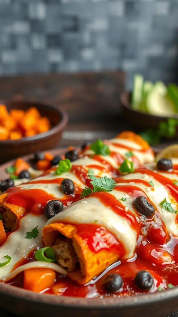 Plate of Sweet Potato and Black Bean Enchiladas topped with sauce and cheese