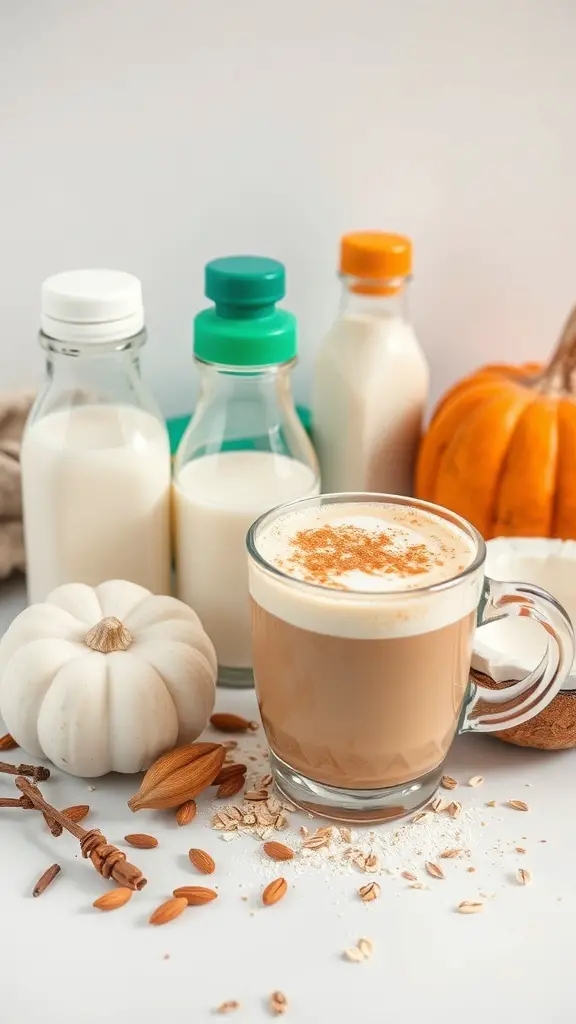 A pumpkin chai latte with various milk alternatives in the background.