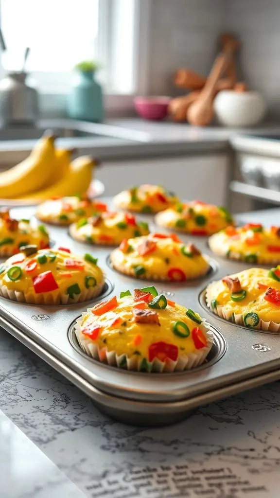 A tray of freshly baked egg and veggie muffins in a kitchen setting.